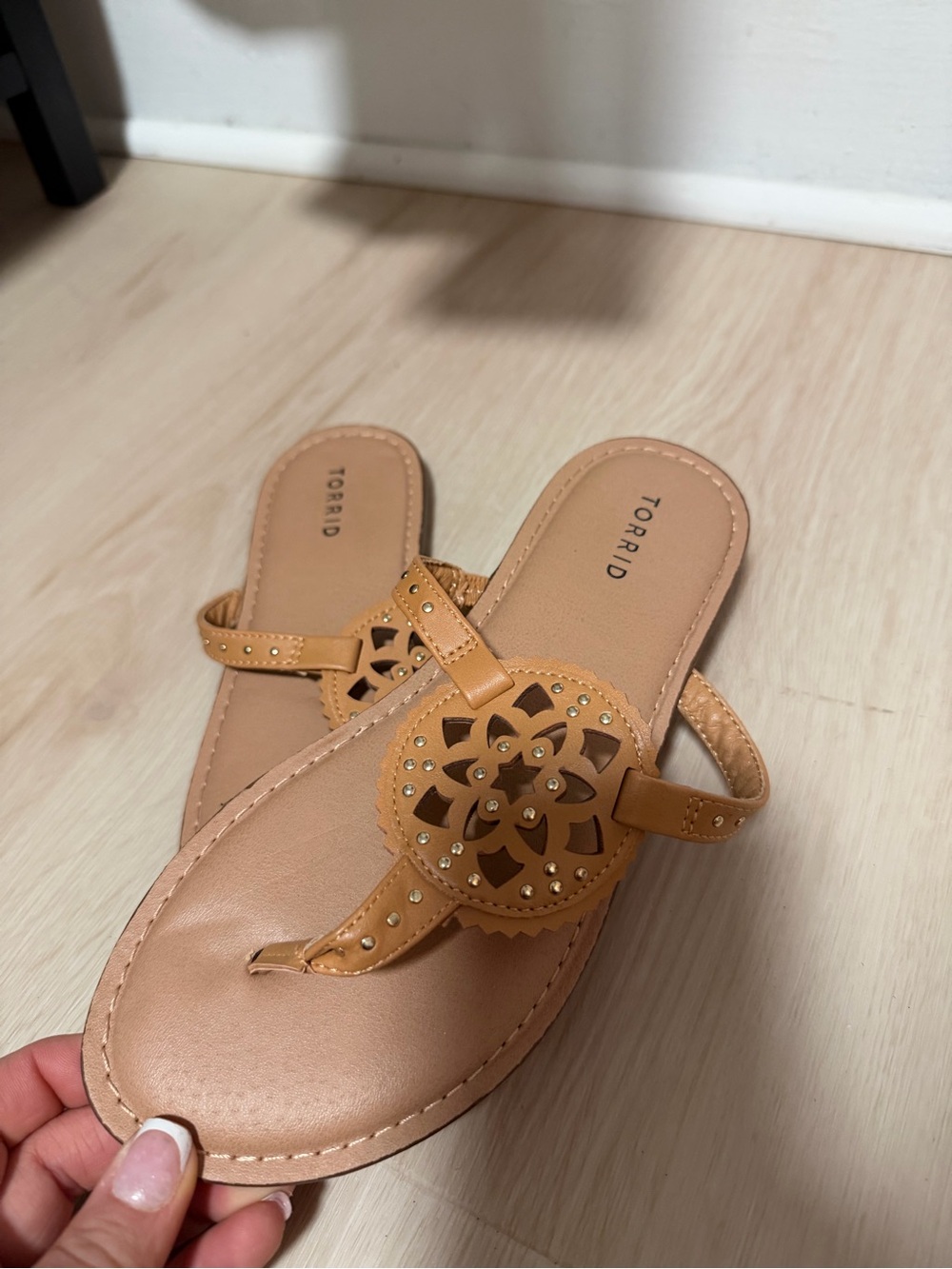 Torrid Tan Decorative Cutout Thong Sandals with Crystal Accents